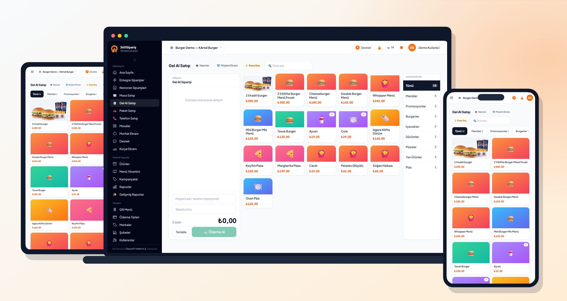 360Sipariş adisyon ve POS ekranı — masa, paket ve platform siparişleri tek ekranda